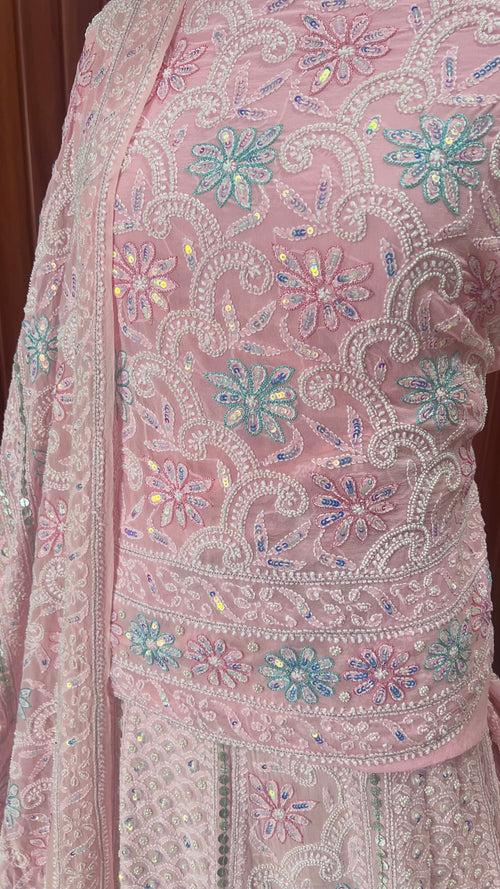 Peachy Pink Ruhani Chikankari Pearl Sequins Gota and Multicolored Aari Work Wedding Lehenga