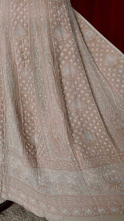 Beige Chikankari Pearl Cut Dana Sequins Embroidered Anarkali with Dupatta