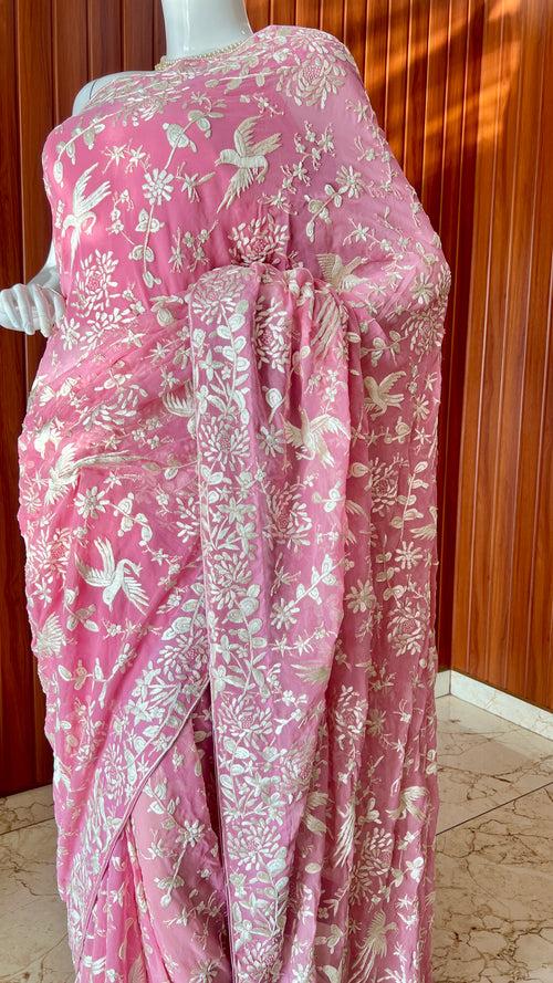 Pink Parsi Gara Hand Embroidered Saree