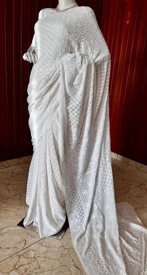 Ruhani Off White 3 taar Chikankari Hand Embroidered Saree