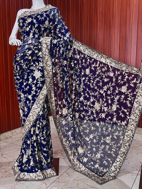 Midnight Blue Parsi Gara Hand Embroidered Saree