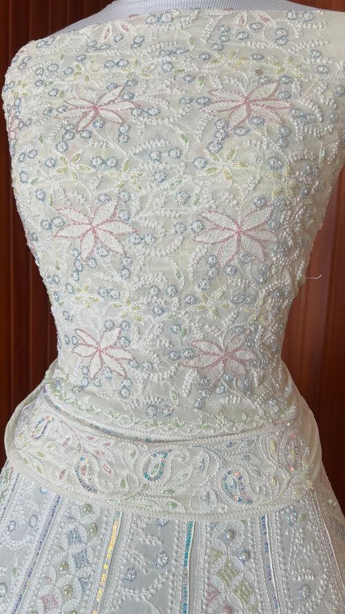 Ruhani Ivory Chikankari Mirror Multicolored Cut Dana Sequins Wedding Lehenga