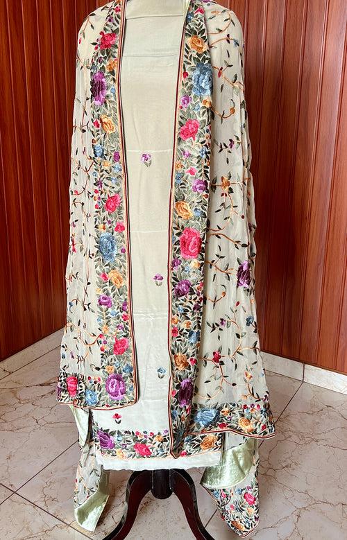 Light pista green Hand Embroidered Parsi Gara Pure Crepe Full Suit