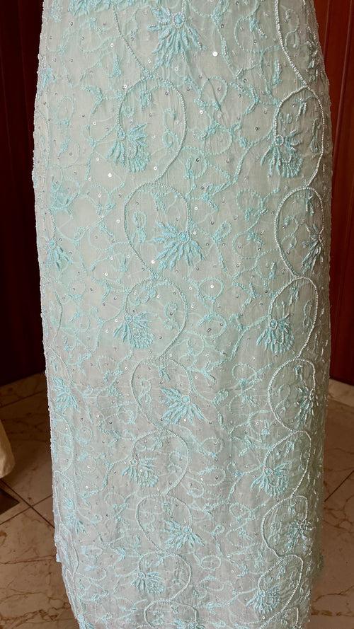 Light firozi Chikankari and pearl work Organza kurta with dupatta