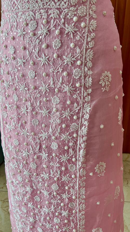 Pink Chikankari and pearl work pure Organza kurta with dupatta