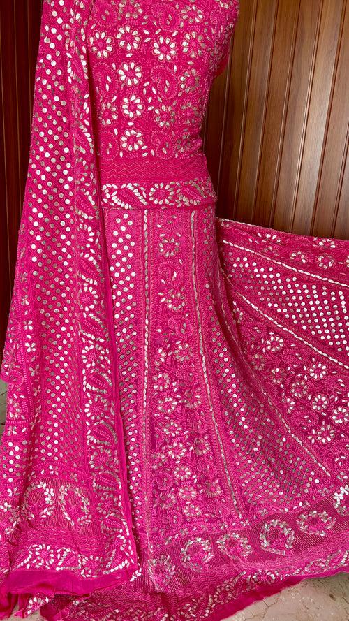 Hot Pink Chikankari and Gota Patti Georgette Lehenga Set