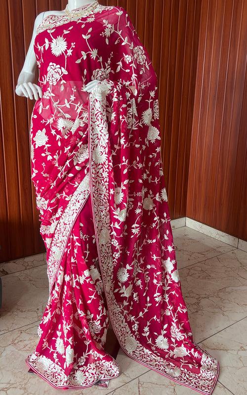 Crimson Parsi Gara Hand Embroidered Saree