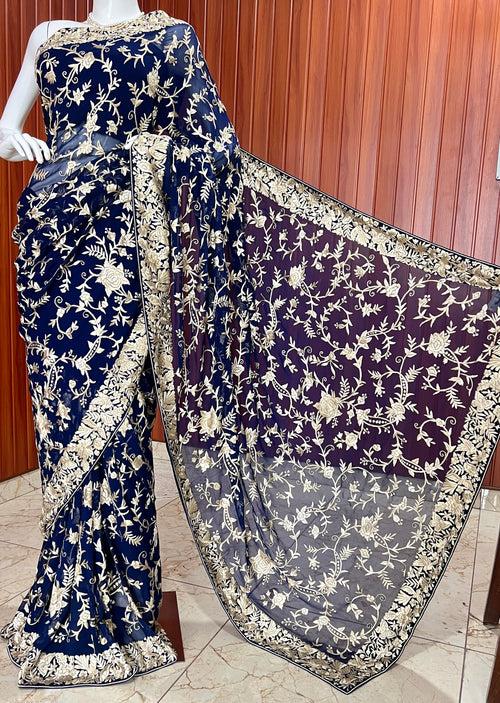 Midnight Blue Parsi Gara Hand Embroidered Saree