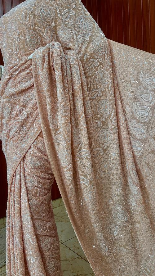 Ruhani  Old Rose Chikankari Cut Dana Pearl and Sequins Masterpiece Saree