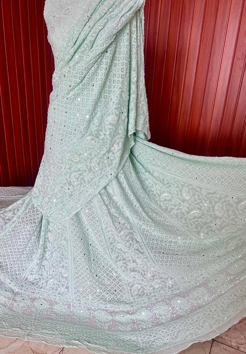 Mint Green Chikankari Pearl  and Sequins Wedding Lehenga