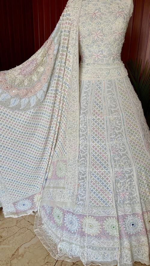 Ruhani Ivory Chikankari Mirror Multicolored Cut Dana Sequins Wedding Lehenga