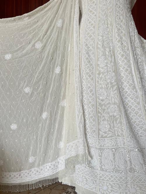 Ruhani Off White fine Chikankari Pearl Sequins and Cut Dana Anarkali