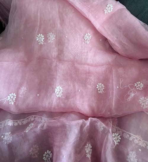 Pink Chikankari and pearl work pure Organza kurta with dupatta