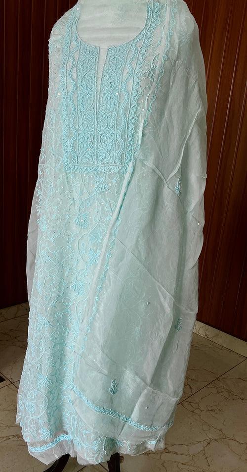 Light firozi Chikankari and pearl work Organza kurta with dupatta