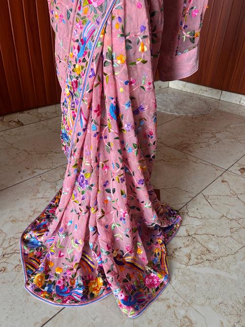 Blush Pink Masterpiece Parsi Gara Pure Georgette Saree