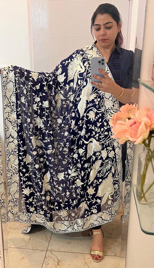 Navy Blue and Ivory Masterpiece Parsi Gara Hand Embroidered Dupatta