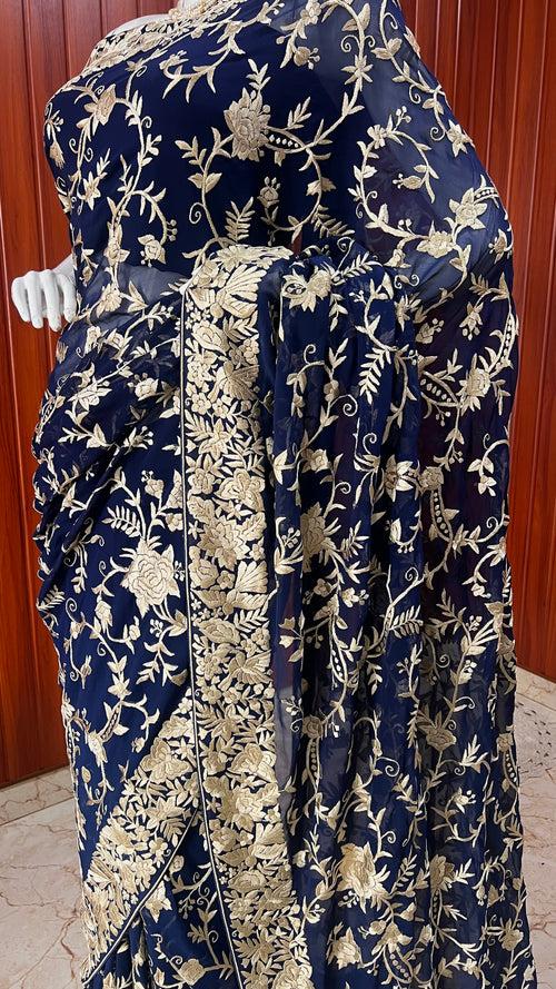 Midnight Blue Parsi Gara Hand Embroidered Saree