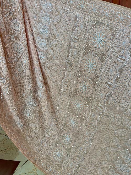 Ruhani  Old Rose Chikankari Cut Dana Pearl and Sequins Masterpiece Saree