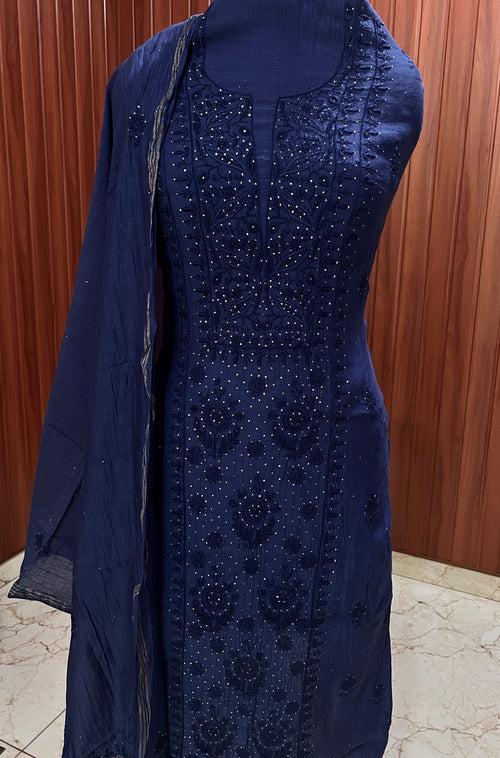 Navy blue Mulmul fine Chikankari kurta & dupatta set