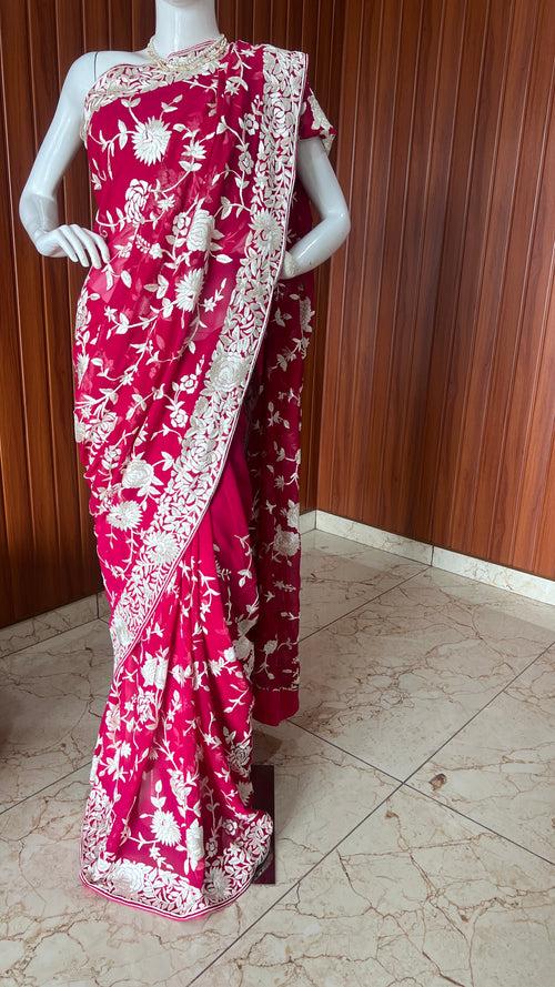 Crimson Parsi Gara Hand Embroidered Saree