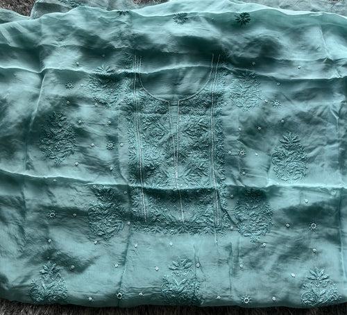 Ocean blue Chikankari and pearl work Organza kurta with dupatta