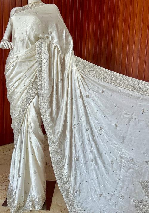 Ruhani Ivory Hand Embroidered Zardozi Pure Satin Crepe Saree