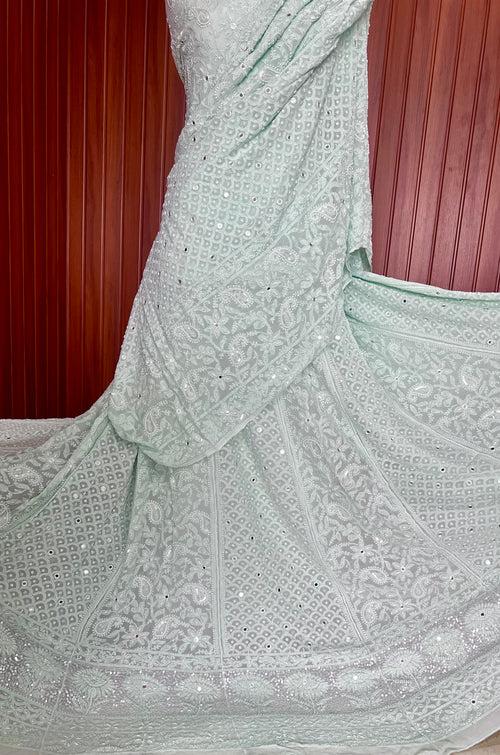 Mint Green Chikankari Pearl  and Sequins Wedding Lehenga