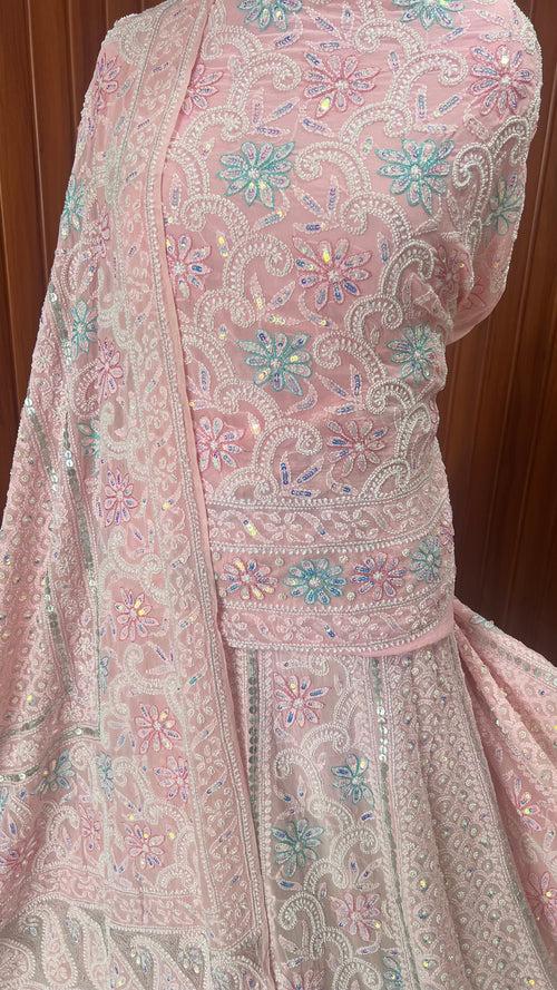 Peachy Pink Ruhani Chikankari Pearl Sequins Gota and Multicolored Aari Work Wedding Lehenga