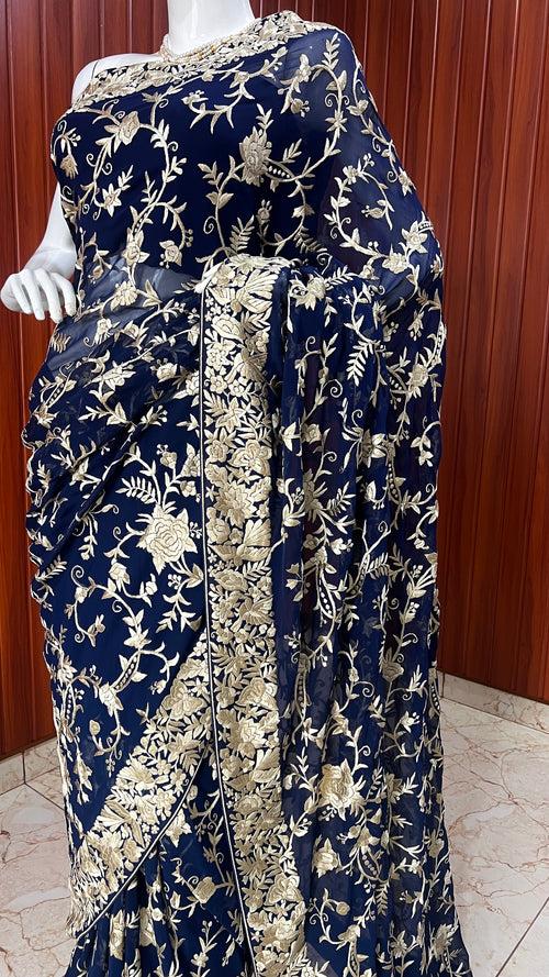 Midnight Blue Parsi Gara Hand Embroidered Saree