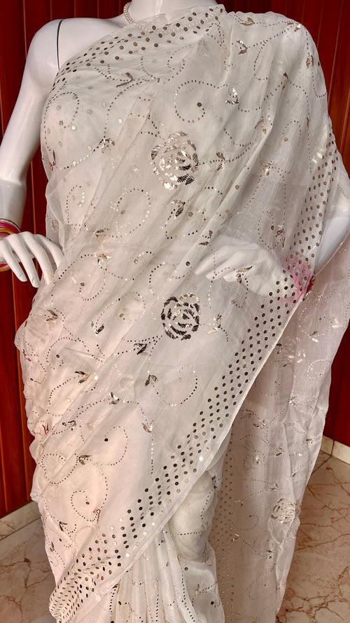 Ruhani Ivory Pure Organza Saree with Allover Badla and Mukaish Work