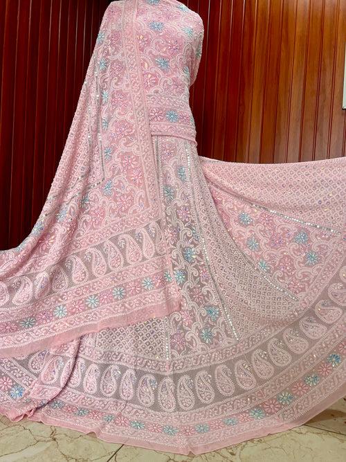 Peachy Pink Ruhani Chikankari Pearl Sequins Gota and Multicolored Aari Work Wedding Lehenga