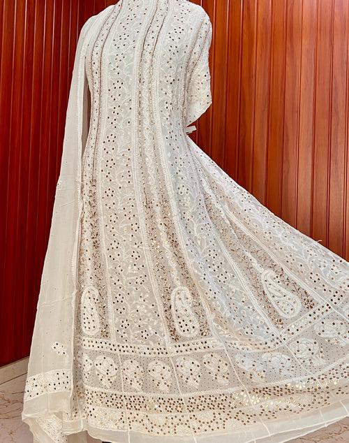 White allover Chikankari and heavy mukaish anarkali with dupatta