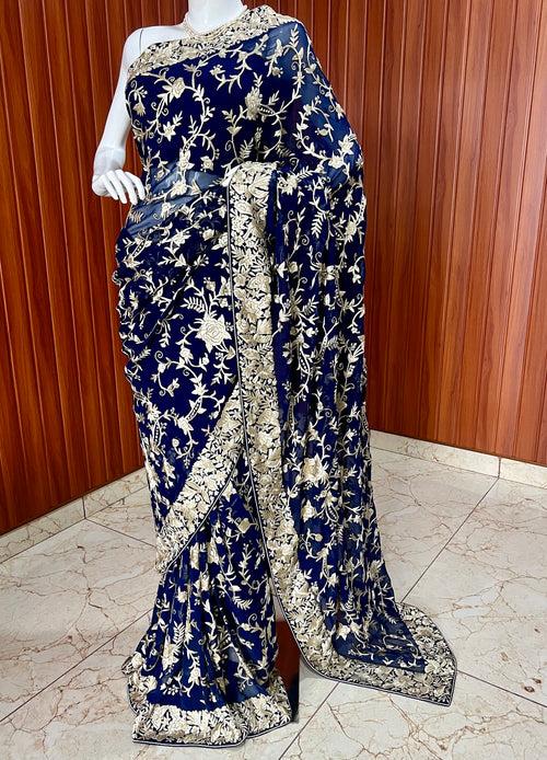 Midnight Blue Parsi Gara Hand Embroidered Saree