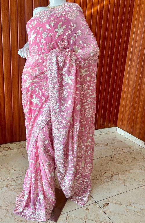 Pink Parsi Gara Hand Embroidered Saree