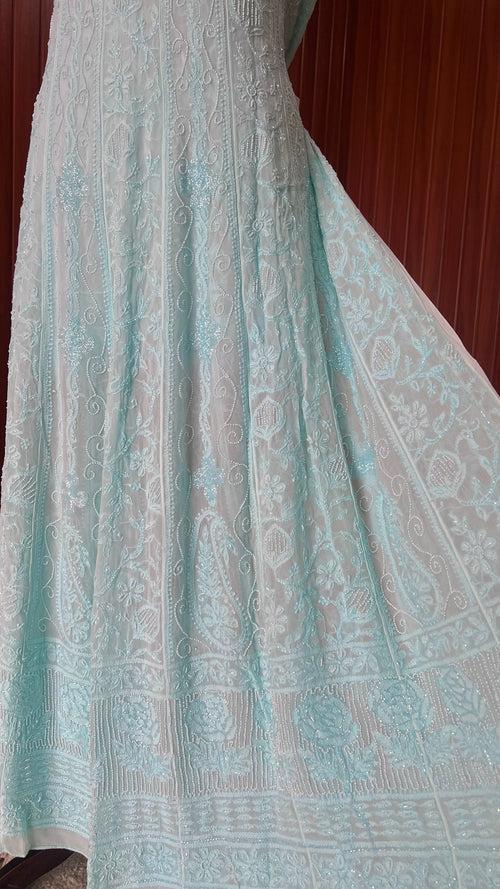 Sea Green Chikankari Pearl Cut Dana Embroidered Anarkali with Dupatta