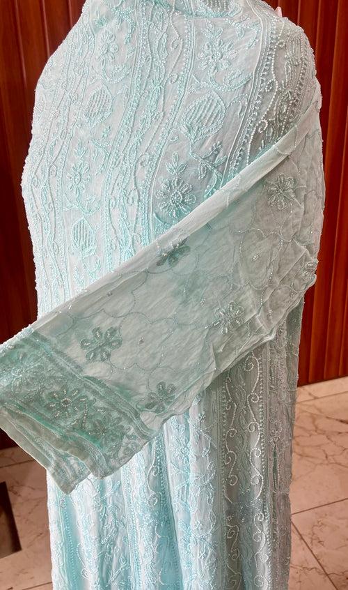 Sea Green Chikankari Pearl Cut Dana Embroidered Anarkali with Dupatta