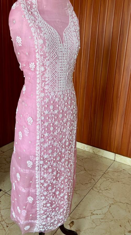 Pink Chikankari and pearl work pure Organza kurta with dupatta