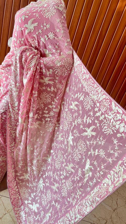 Pink Parsi Gara Hand Embroidered Saree