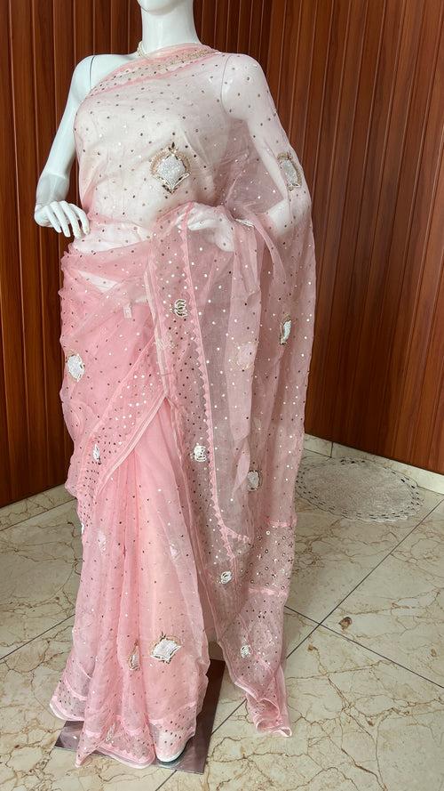 Ruhani pink Pure Organza Saree with pearl and Mukaish Work