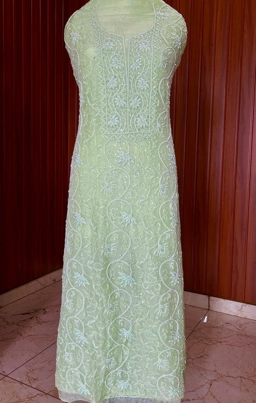 Lime green Chikankari and pearl work Organza kurta with dupatta