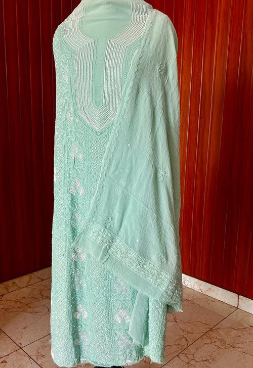 Sage green Chikankari Pearl Beads and Cut Dana Kurta and Dupatta