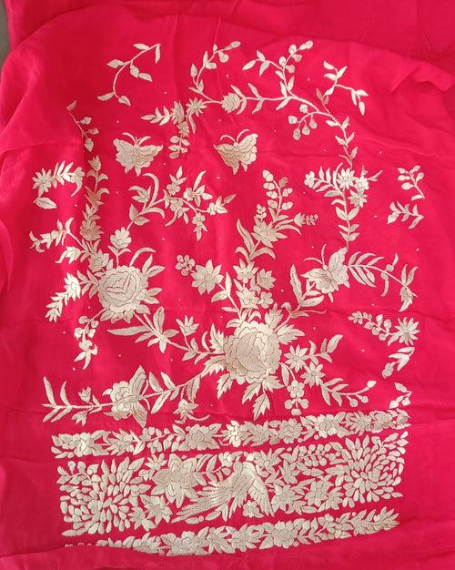 Strawberry Red Masterpiece Hand Embroidered Parsi Gara Full Suit