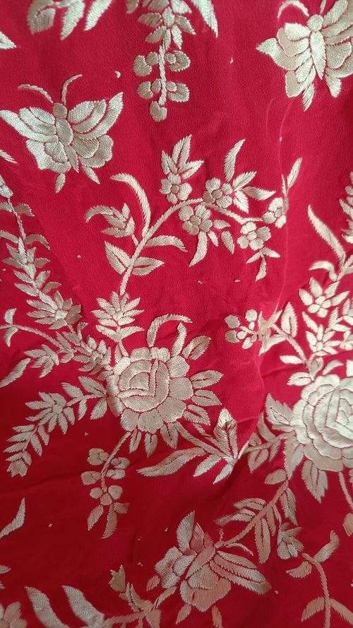 Strawberry Red Masterpiece Hand Embroidered Parsi Gara Full Suit