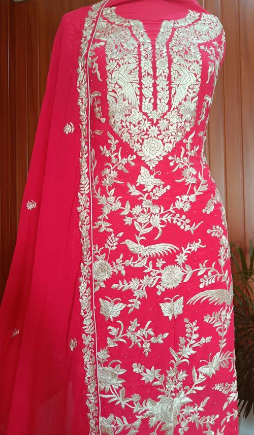 Strawberry Red Masterpiece Hand Embroidered Parsi Gara Full Suit