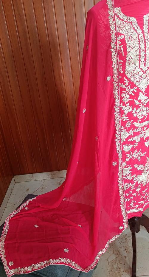 Strawberry Red Masterpiece Hand Embroidered Parsi Gara Full Suit