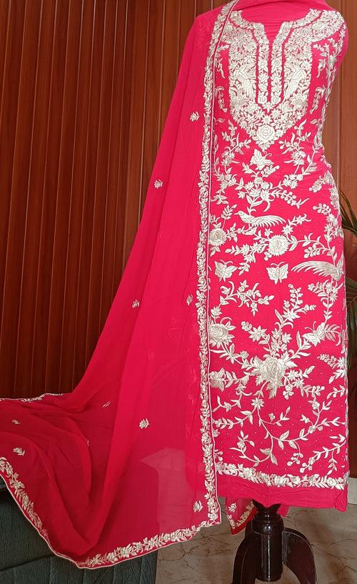 Strawberry Red Masterpiece Hand Embroidered Parsi Gara Full Suit