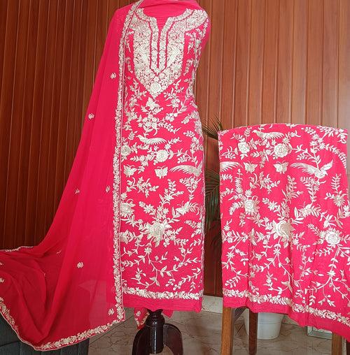 Strawberry Red Masterpiece Hand Embroidered Parsi Gara Full Suit