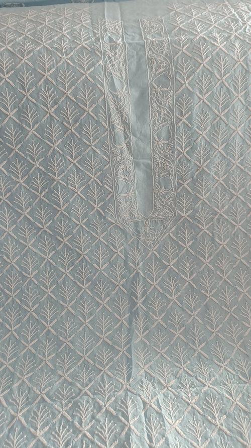 Sky Blue Chanderi Silk Men's Kurta fabric with fine Chikankari