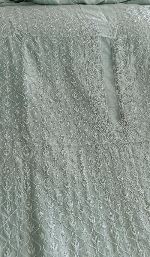 Sage Green Chanderi Silk Men's Kurta fabric with fine Chikankari