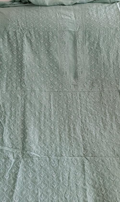 Sage Green Chanderi Silk Men's Kurta fabric with fine Chikankari